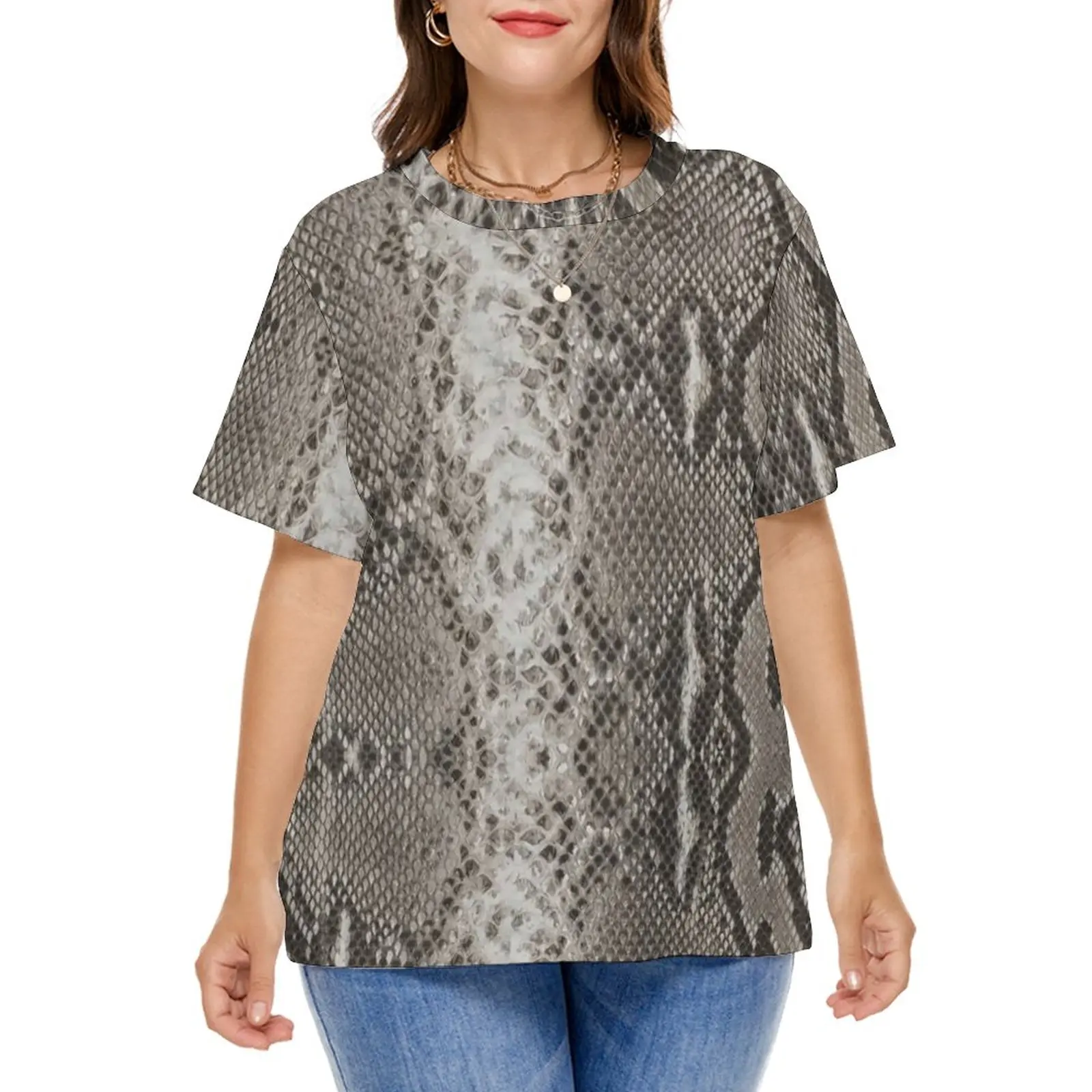Snakeskin Python T Shirt Classic Faux Animal Skin Print Funny T Shirts Short Sleeve Classic Tees Women Clothing Plus Size 6XL