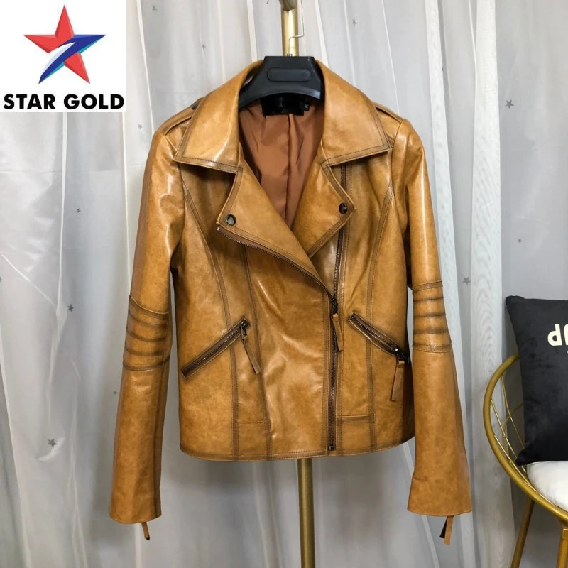 

Женская винтажная куртка из натуральной овечьей кожи, коричневая мотоциклетная куртка, брендовая Дизайнерская верхняя одежда
