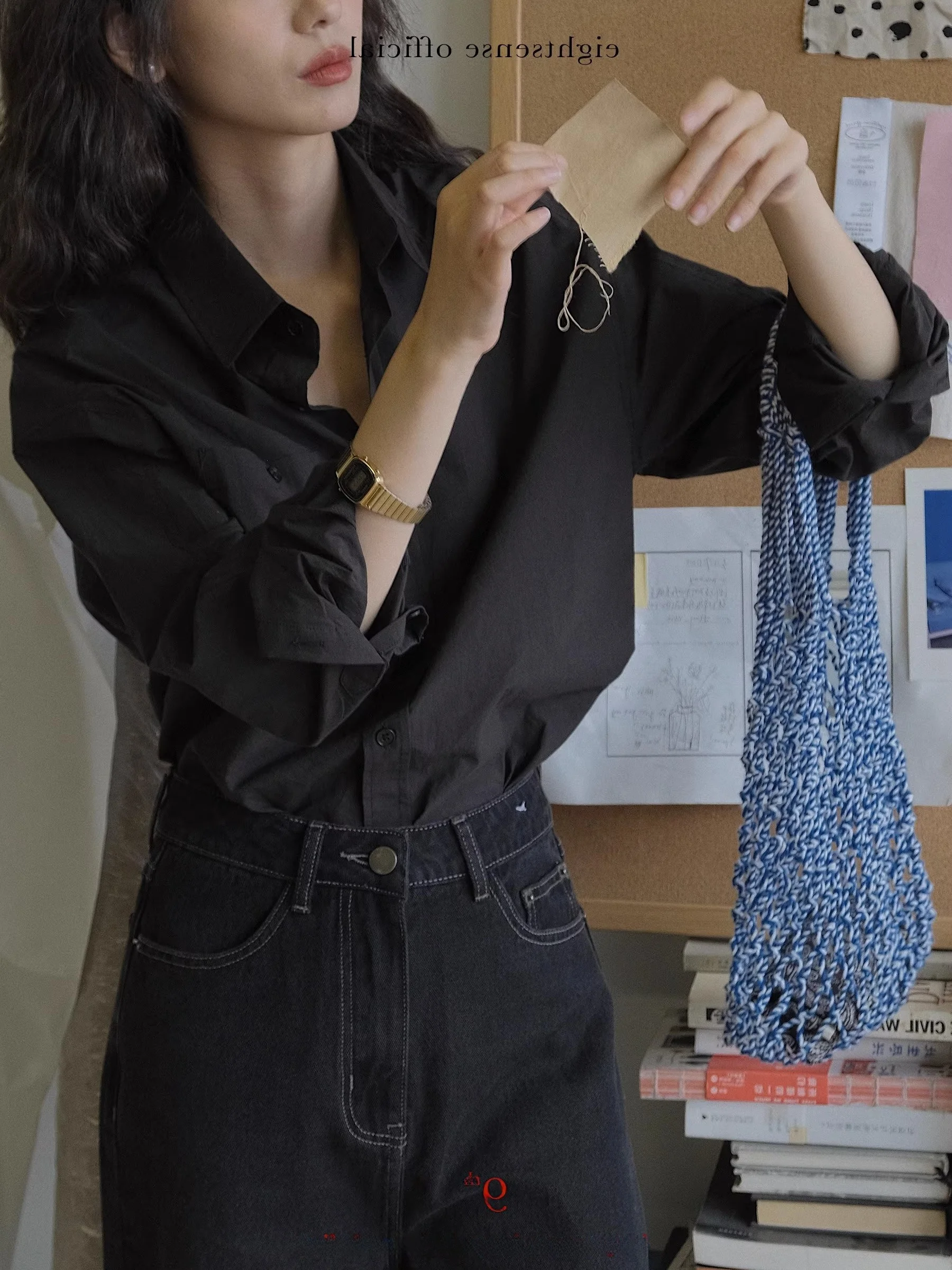 Spring and Autumn New French sle Retro Unique Loose Slimming Black Shirts Women's Long-Sleeved Stacked Outdoor Mysterious S...