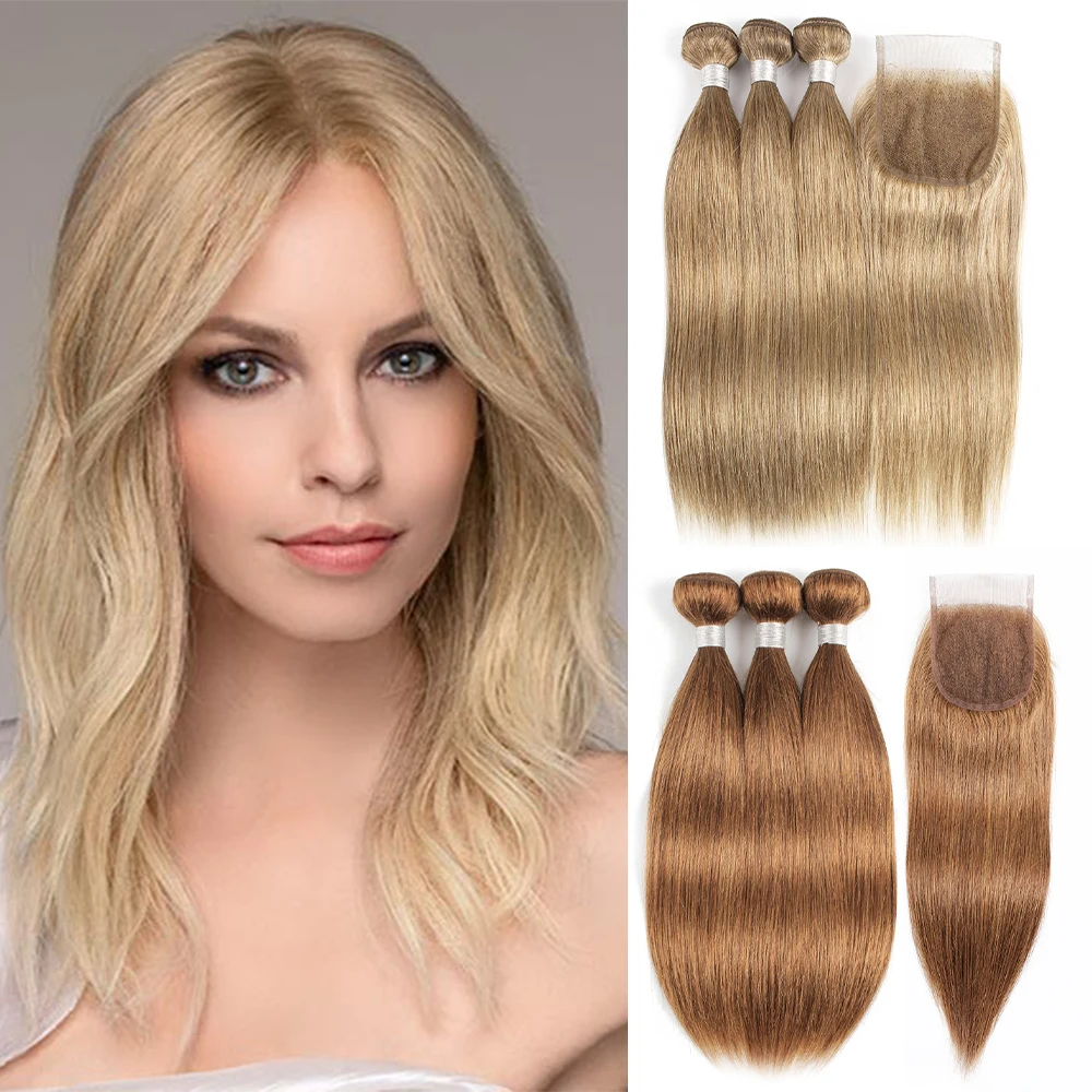 3 Bundles With 4*4 Lace Closure #8 Ash Brown #27 Honey Blonde #30 Medium Auburn Remy Brazilian Human Hair Extension Full Head