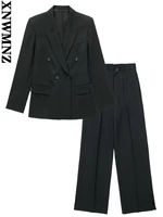 xnwmnz women black fashion pockets double breasted buttoned blazer coat or high waist side pockets front darted wide leg pants