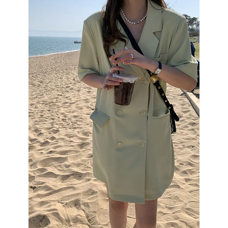 

Women's Blazer Dresses 2022 Autumn Korean Loose Temperament Elegant Short-sleeved Long Jackets Solid Color Fashion Jacket Dress