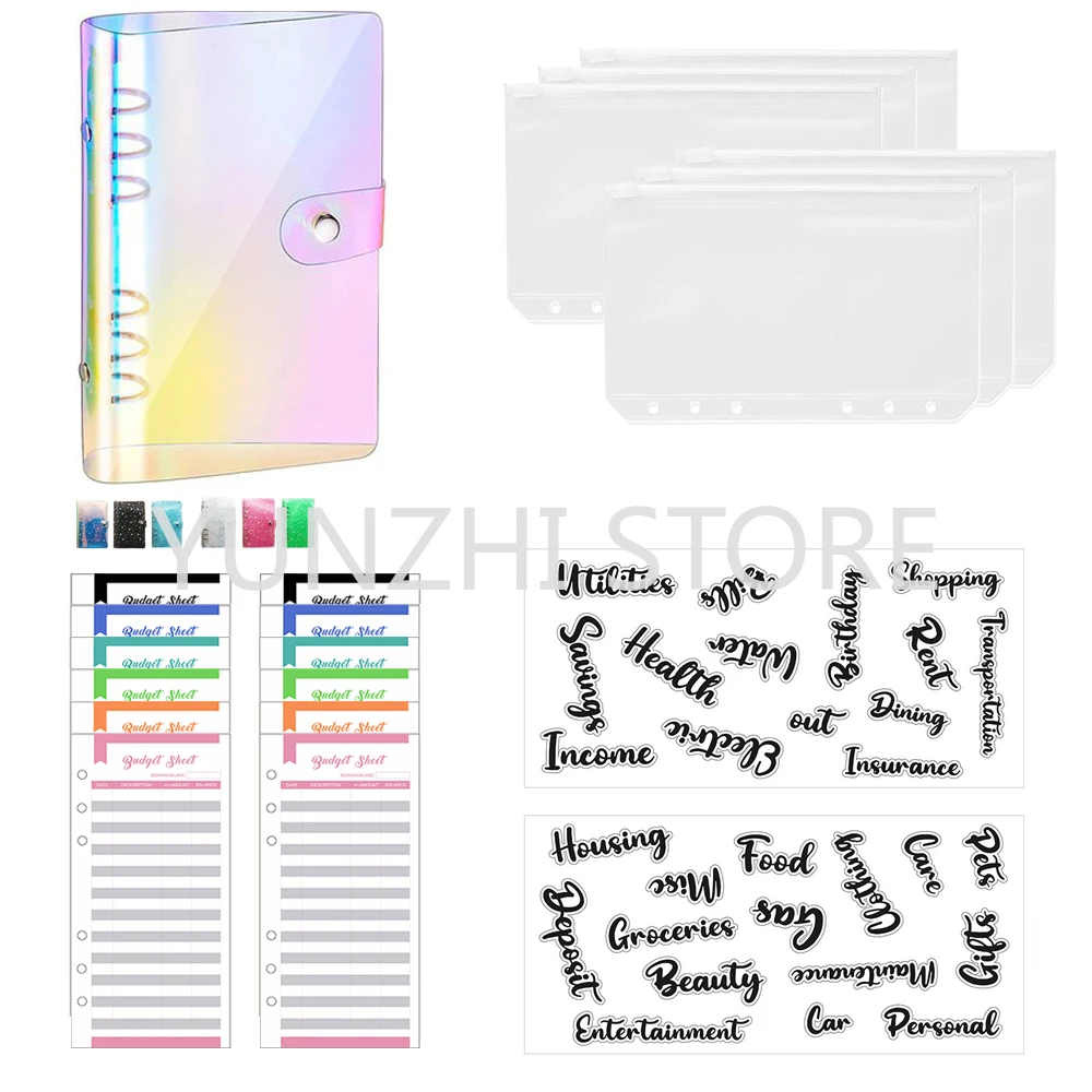 

PVC Budget Binder Cash Envelope Organizer A6 Notebook Planner 2Pcs Alphabet Stickers 6pcs Zipper Pocket Dropshipping