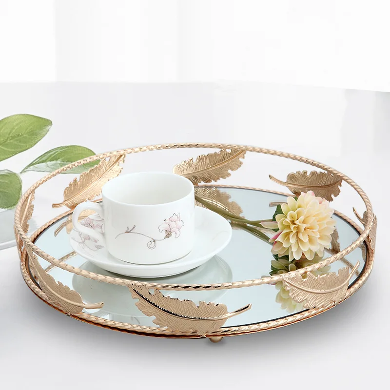 

European Wrought Iron Gold Glass Tray Mirror Bottom Metal Tray Jewelry Display Tray Decorative Fruit Storage Tray