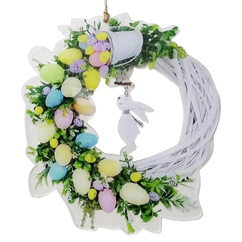 

Easter Wreath 2D Acrylic Easter Bunny Wreaths Spring Garland Ornament with Pastel Eggs Twigs for Window Front Door Wall Decor