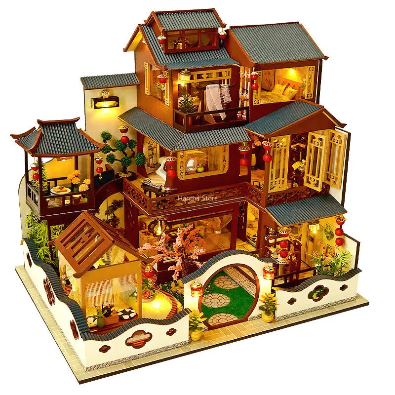 

DIY Miniatures Wooden Dollhouse Kit Furniture Chinese Model Large Villa Doll House Assembled Handmade Toys for Adults Girl Gift