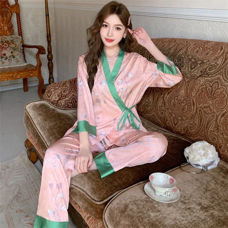 2023 Spring and Autumn New Pajamas Women's Artificial Silk Long-Sleeved Trousers Cardigan Flower Home Wear Lace-up Suit