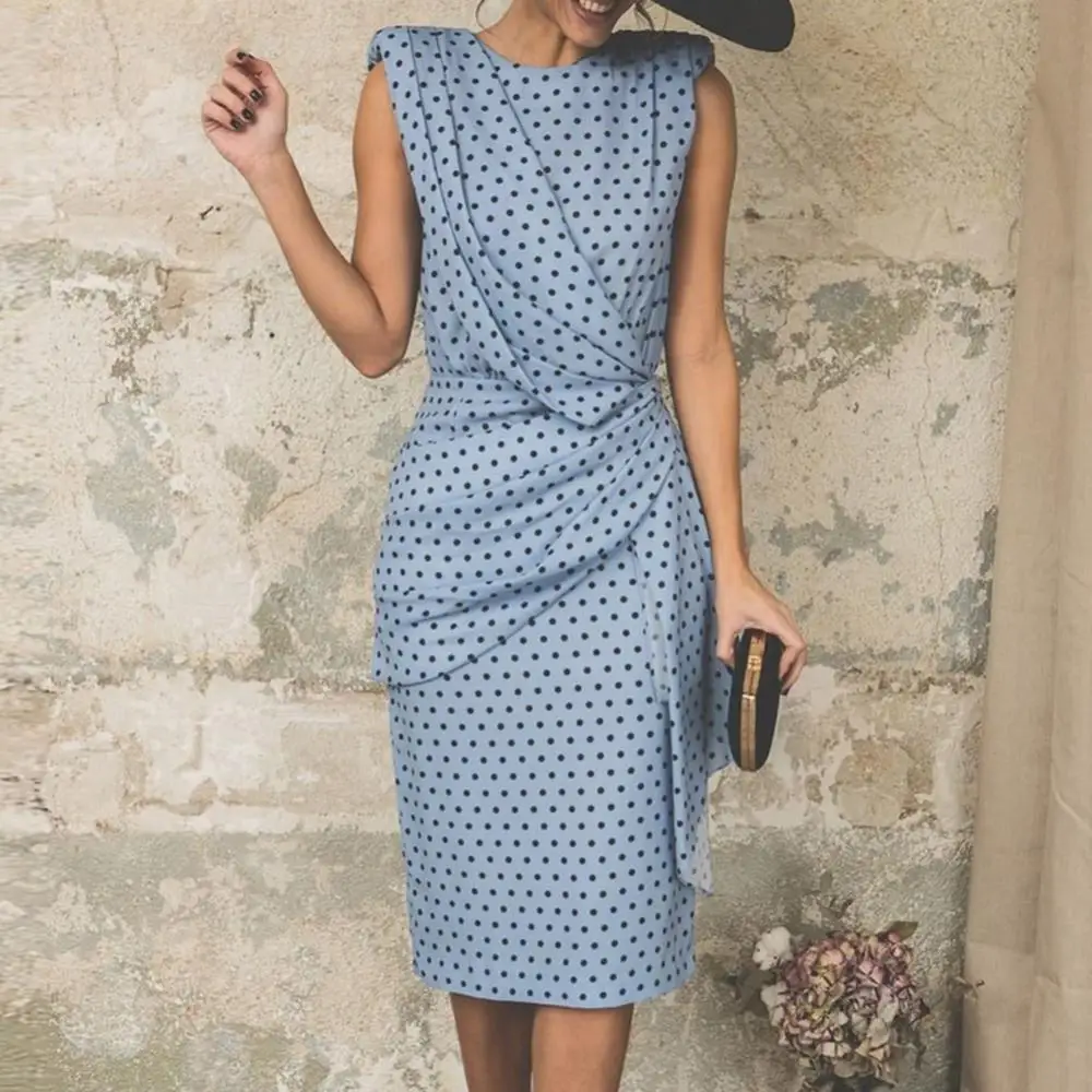 

New Arrival Party Elegant Women's Summer Polka Dot Pleated Sleeveless Bodycon Midi Dress