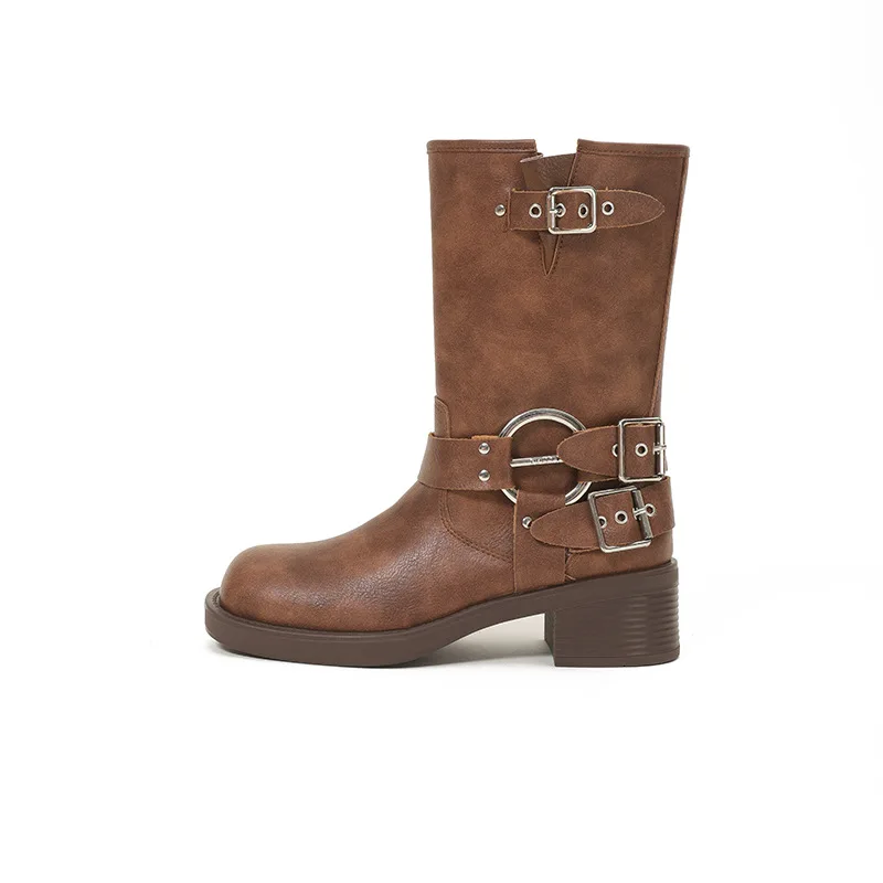 Genuine Leather Western Cowboy Boot 2023 Spring/Summer New British Style Retro Metal Buckle Mid-Calf Martens Booties Women