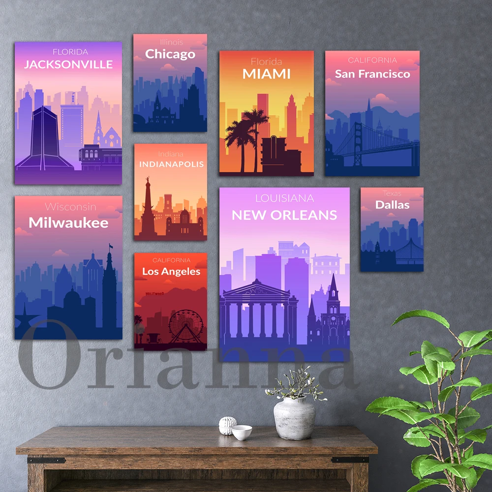 

Us Cities Poster Miami Washington San Francisco Los Angeles New York Dallas Cleveland Chicago Detroit Travel Wall Art Print Gift