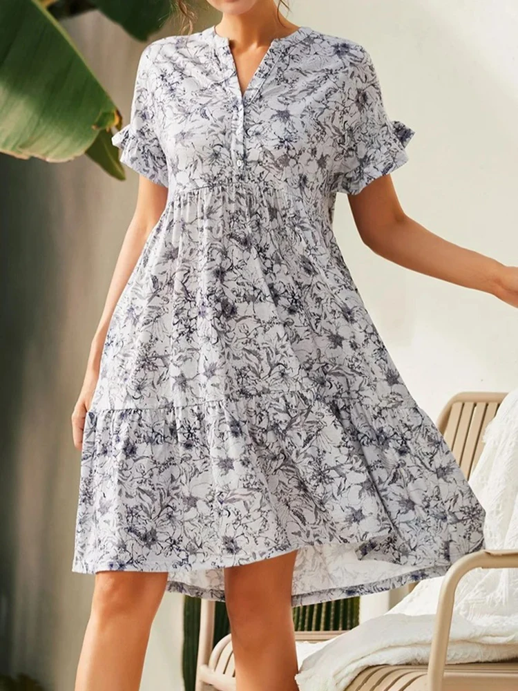 

Dresses For Women 2023 Summer Elegant Green Short Dress Floral Print Dress Short Sleeve Loose Casual Bohemia Beach Vestidos