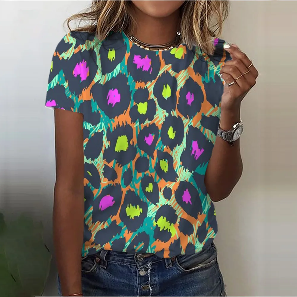 

color Leopard Print Short Sleeves T Shirt Oversized Female Clothing Fashion Style Women Clothes T-Shirts Sexy Girls Tees Tops