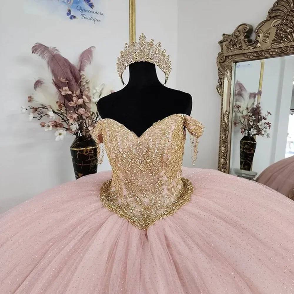 Angelsbridep Блестящие розовые платья Quinceanera с открытыми плечами блестящий золотой