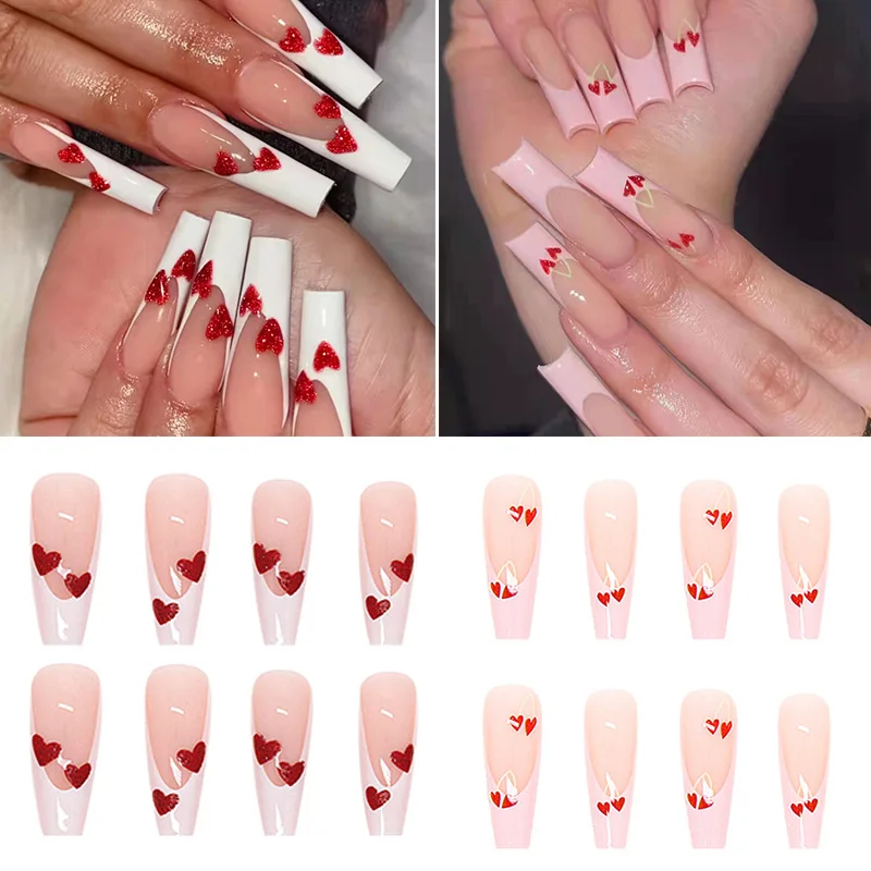 

24pcs False Nails With Glue Flower Design Long Coffin French Ballerina Fake Nails Full Cover Acrylic Nail Tips Press On Nails