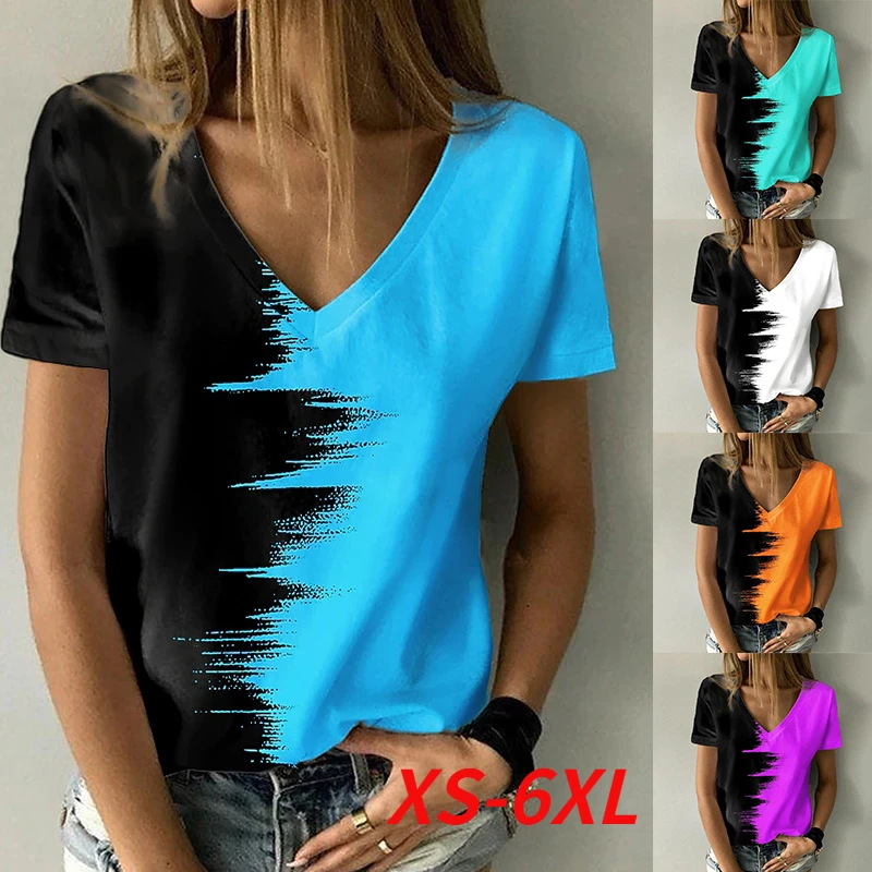 Sommer Frauen Mode Abstrakte 3D Gedruckt Malerei T Shirt Farbe Block Druck V-ausschnitt Grundlegende Tops Lose Hemd mode pullover