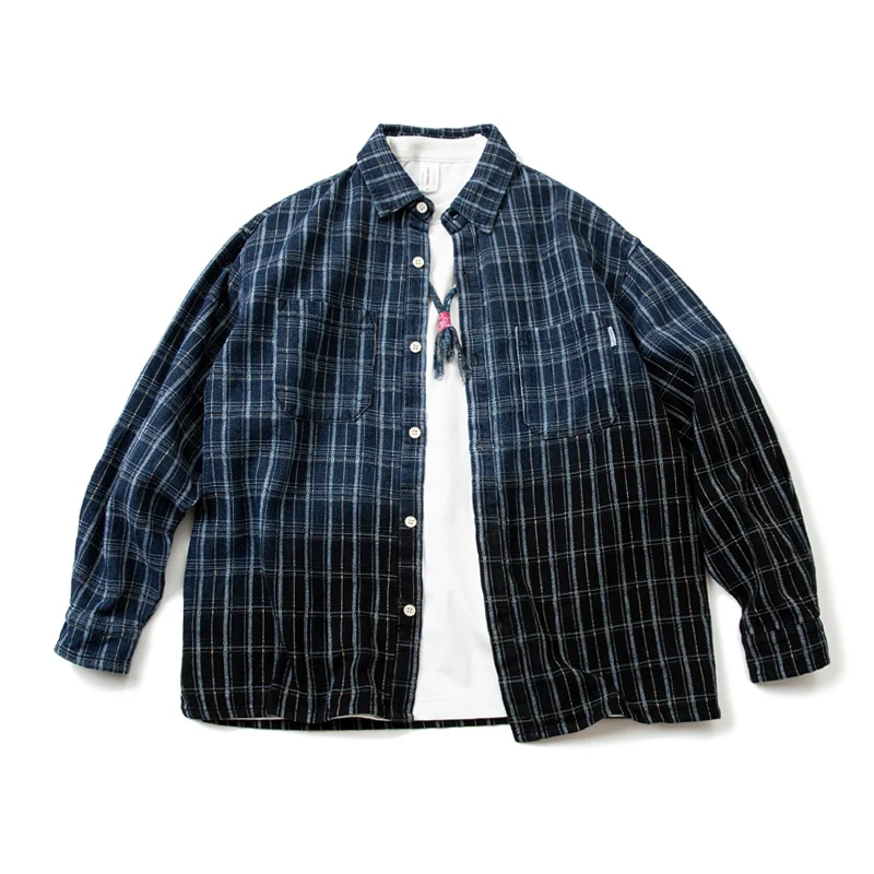 Autumn 2022 New Men's Japanese Cotton Linen Wash Gradient Plaid Shirt Blue Black Plaid Loose Long Sleeves Shirt High Street