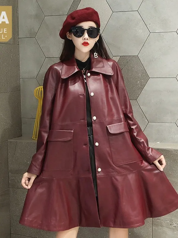 

Winter Streetwear 2023 Genuine Autumn Leather Windbreakers Women Single Breasted Ruffle Long Jacket Loose Female Sheepskin Coat