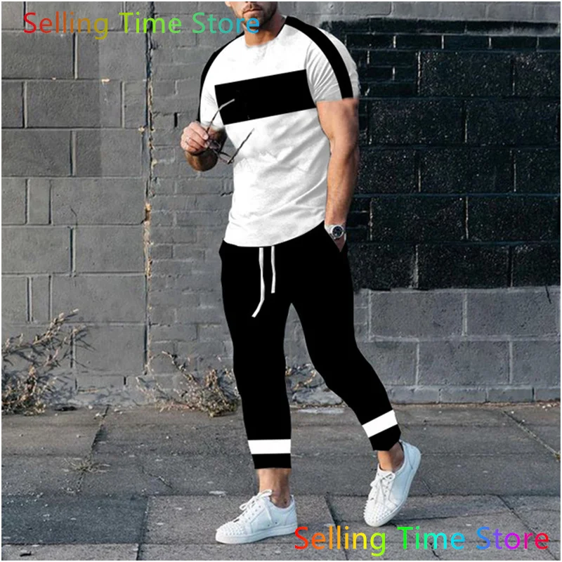 2023 New Men’s Clothes Tracksuit Set 2 Piece Jogging Suit 3D Print Stripe Summer Fashion Sports Outfits Short T-Shirt+Pants