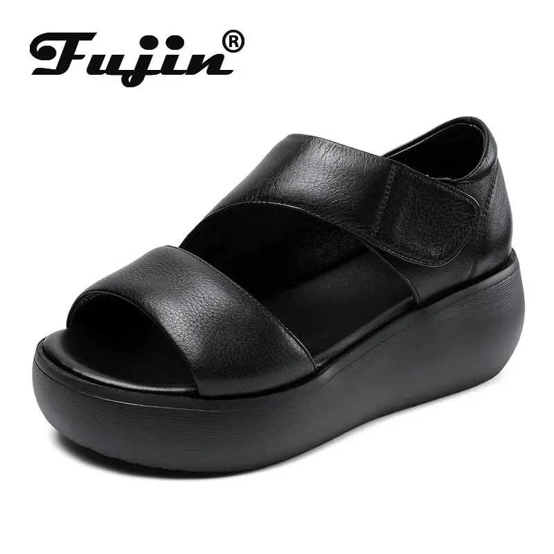 

Fujin 6cm Women Slippers 2023 Genuine Leather Platform Wedge Comfortable Fashion Ladies Breathable Summer Sandals Peep Toe Shoes