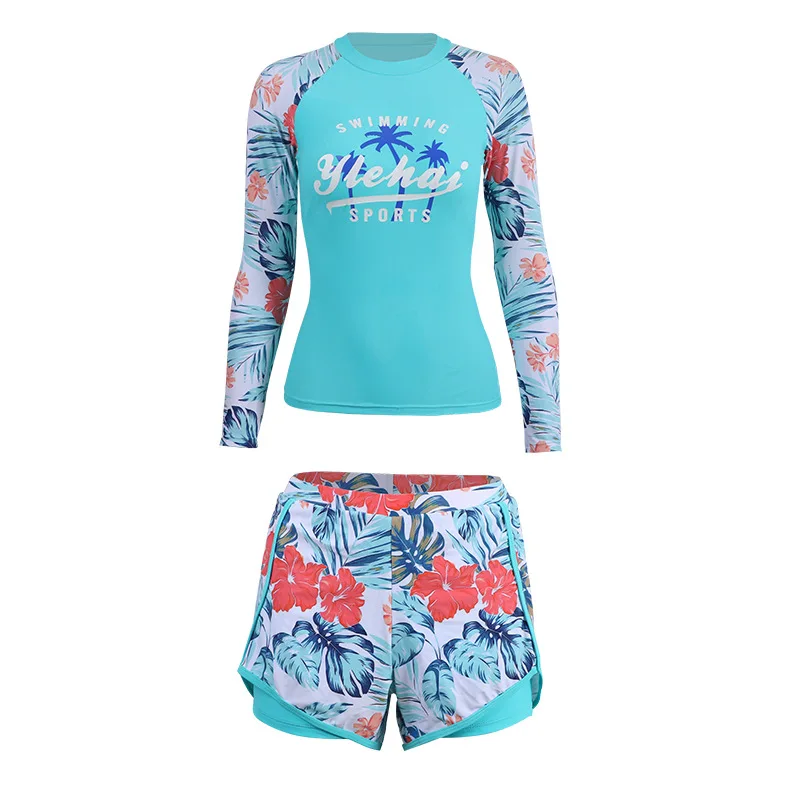 Two-piece set Women Rash Guard Long Sleeve Shirt Trunks Bathing Suit with Built in Bra Swimsuit for Surfing Swimming Snorkeling