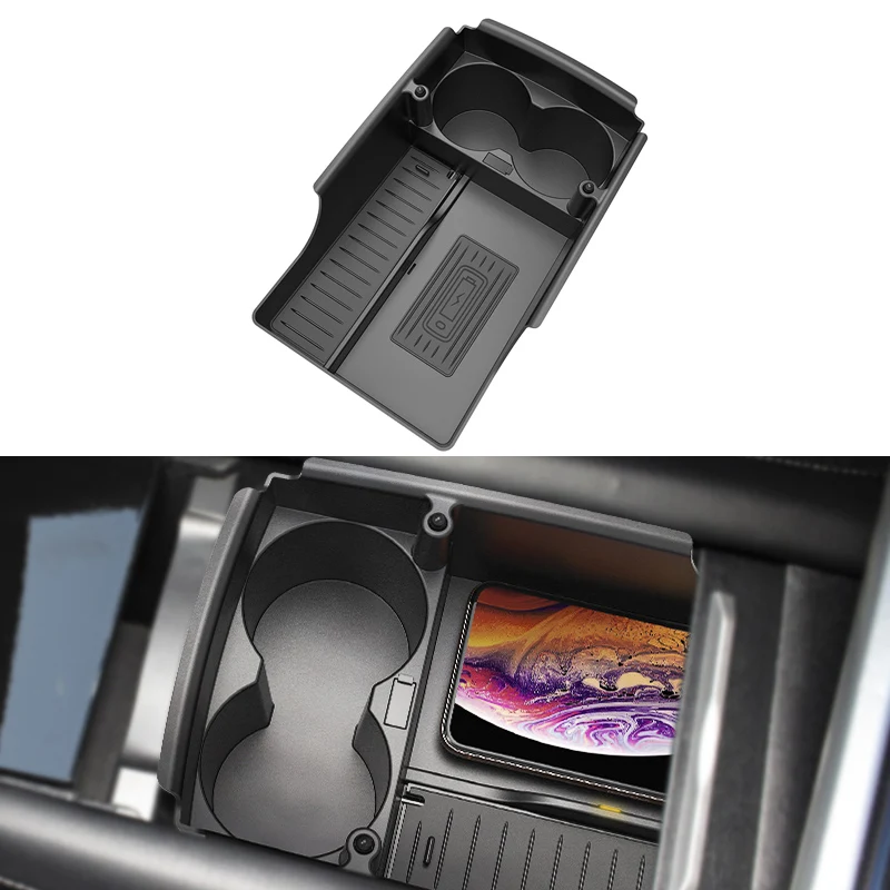 

Контейнер для хранения центральной консоли автомобиля, подставка для чашки, Подставка для зарядки для Tesla Model S X мобильный телефон, набор аксессуаров для беспроводного зарядного устройства