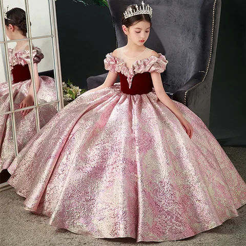 Высший сорт Дворцовый стиль длинный хвост принцесса цветок девушка свадьба день рождения вечерние платья для подростков Дети Выпускной дизайн в пол