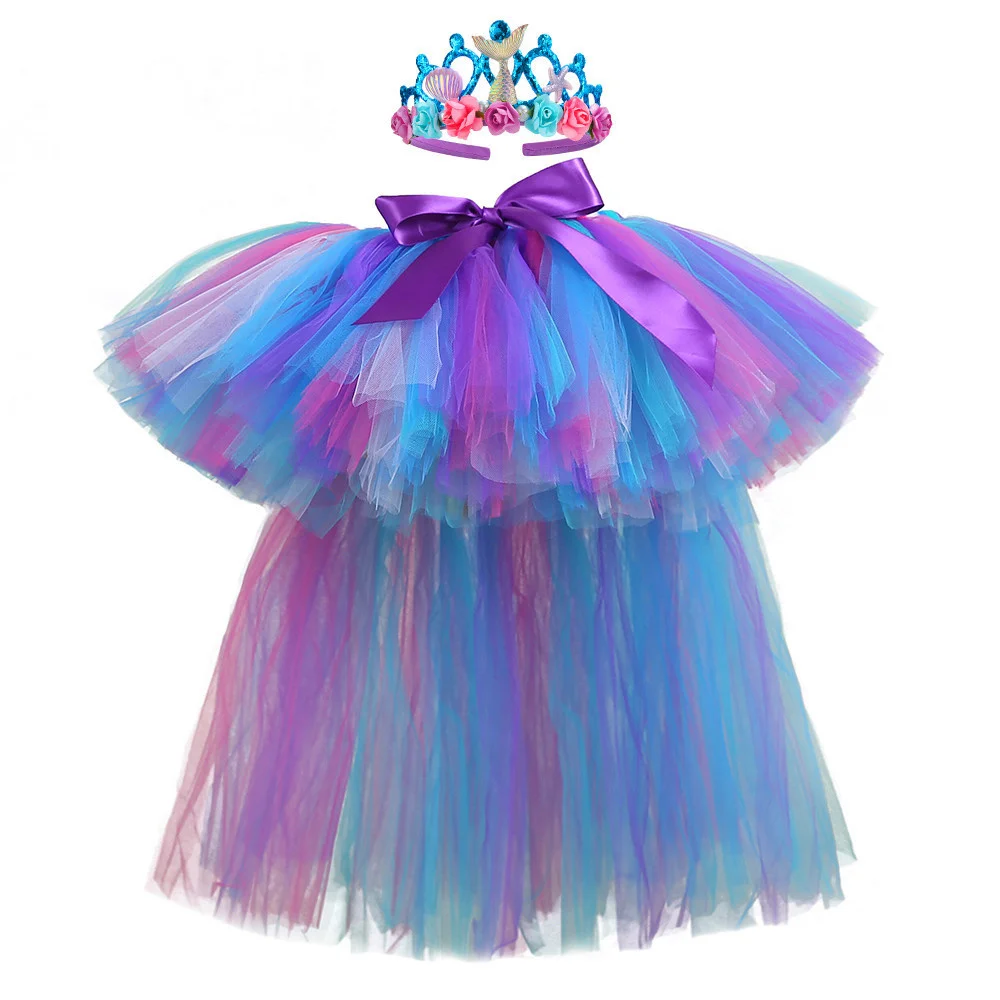 

Girls Tutu Skirt Girl Princess Queen Irregular Front Short Back Long Tulle Puff Skirt Suit for Birthday Party Halloween
