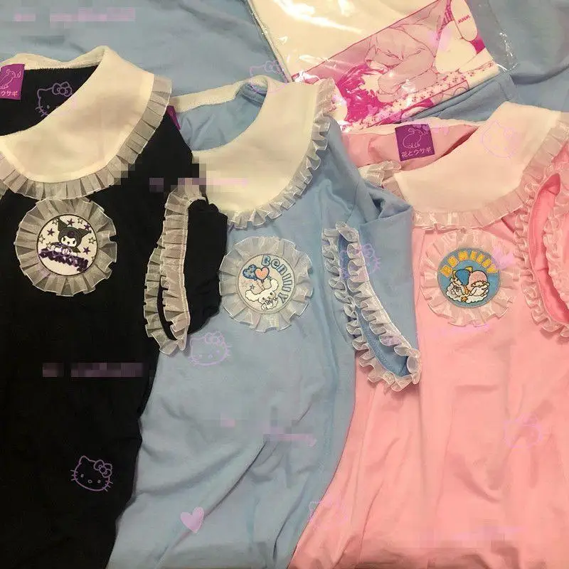 Kawaii Sanrios Kuromi Cinnamoroll Littletwin Stars Prints Lace Short Sleeve New Summer College Style Loose Women's T-Shirt