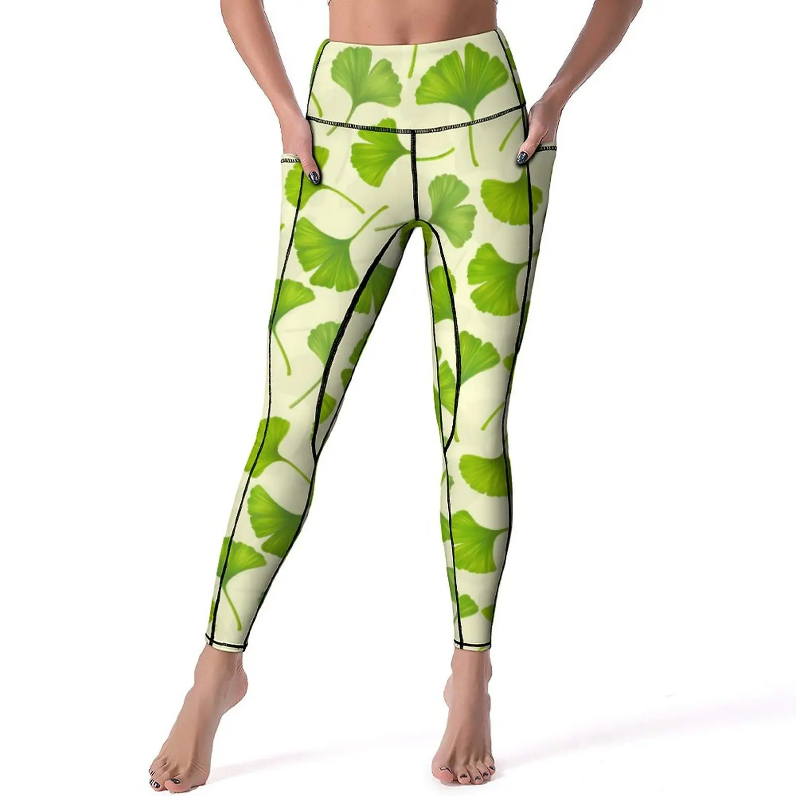 

Ginko Biloba Yoga Pants Green Leaves Print Custom Leggings High Waist Running Leggins Women Breathable Stretchy Sports Tights
