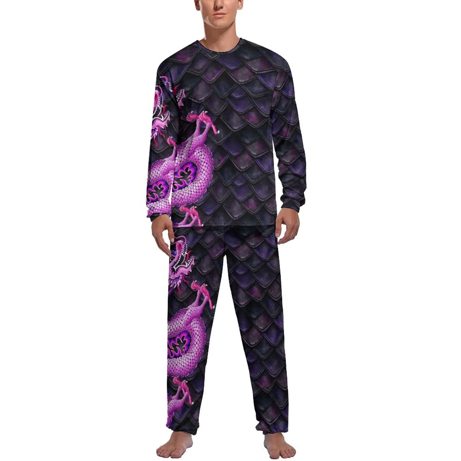 Pink Dragon Pajamas Mens Dragon Scales Print Cute Home Suit Daily Long Sleeves 2 Pieces Leisure Graphic Pajama Sets