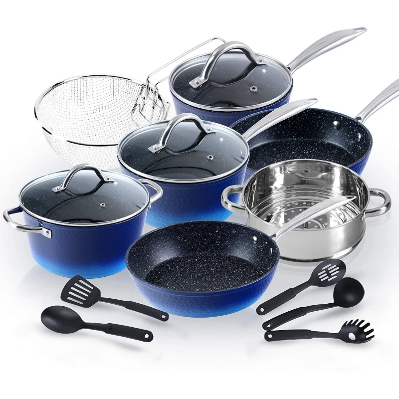 MF Studio 15 piece Induction Kitchen Cookware Sets Nonstick - Granite Hammered Pan Set, Dishwasher Safe Cooking Pots