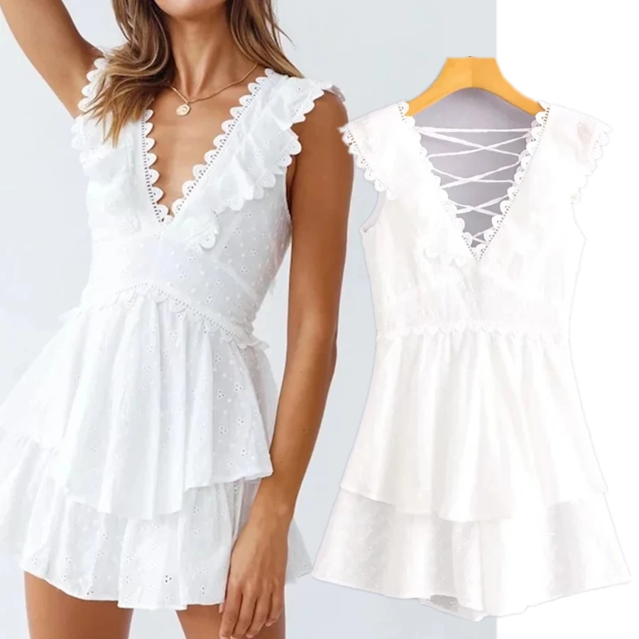 Jenny&Dave Embroidery V-neck Sexy Indie Folk Boho Backless Vintage Lace Cotton Sexy Casual Playsuits Women