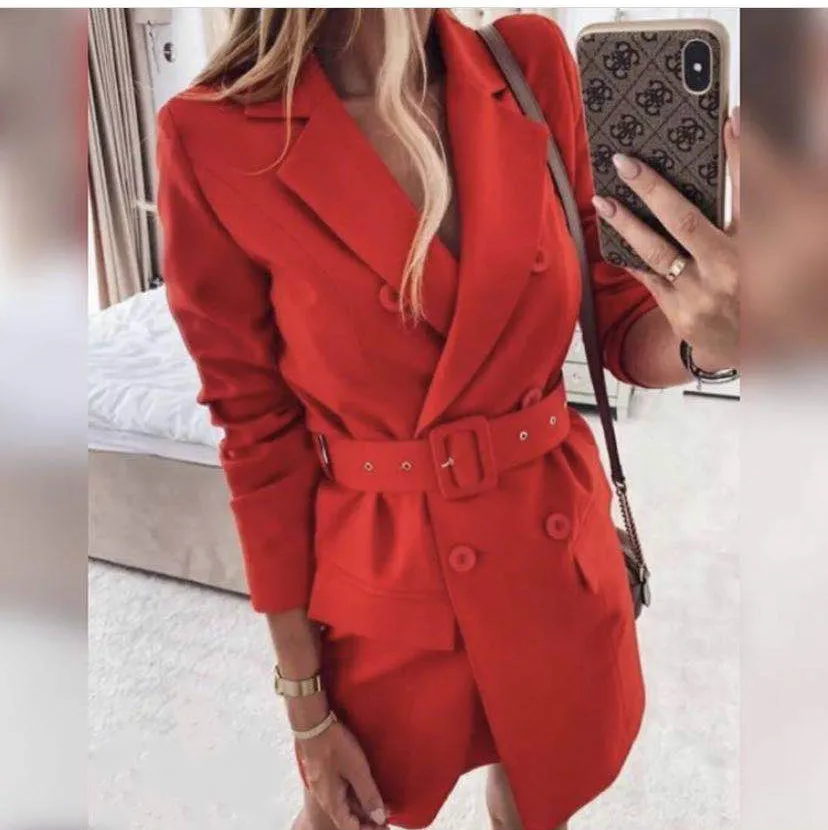 2022 Autumn Winter Long Sleeve Solid Color Women's Vintage Double-breasted Small Suit Dress Female
