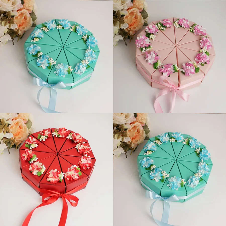 

100Pcs (10 Cakes) Red Blue Pink Triangular Cake Style Wedding Favors Candy Boxes Party Gift Box + Artificial Flower & Ribbons
