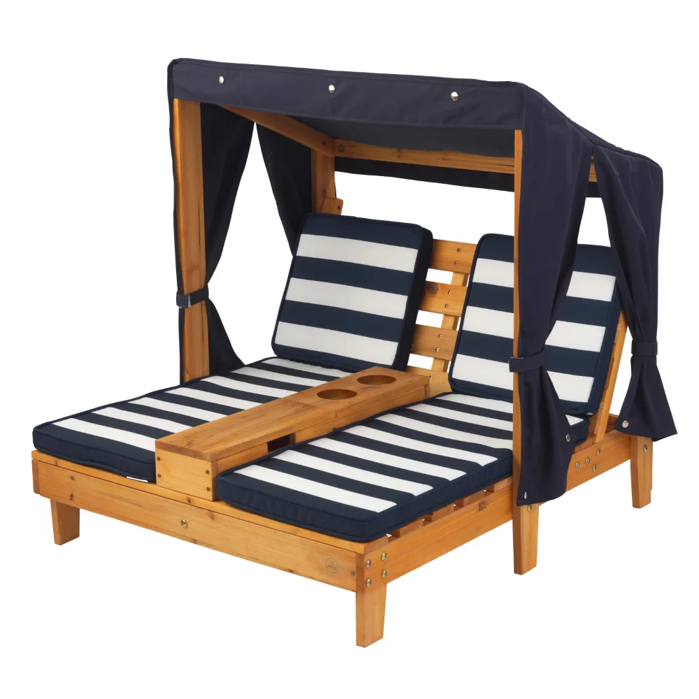 

Wooden Outdoor Double Chaise with Cup Holders, Kid's Furniture, Honey & Navy