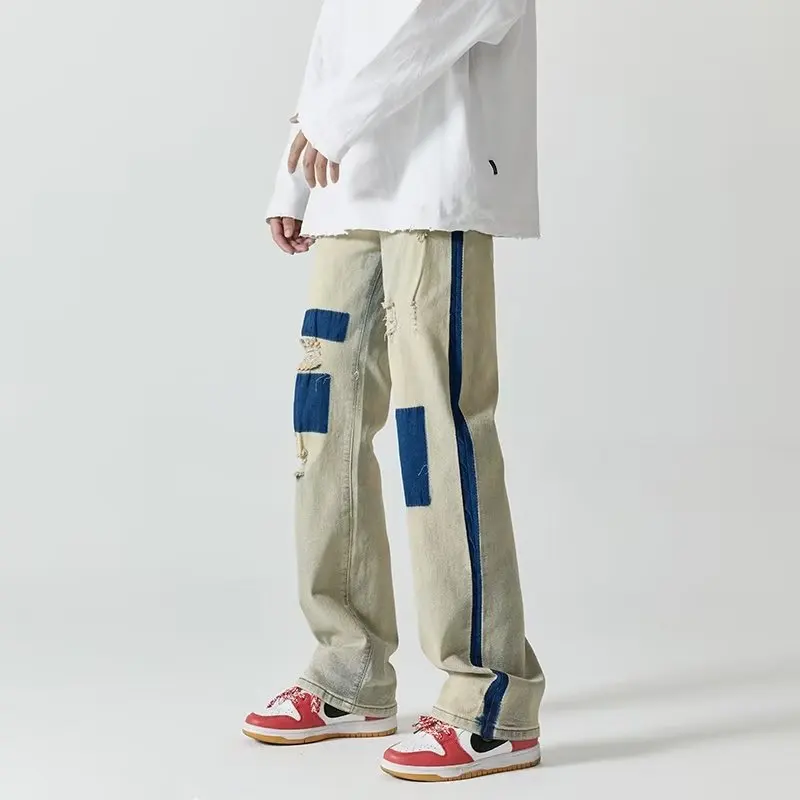 DEEPTOWN Ripped Print Jeans Loose Straight Trousers Male Blue Distressed Washed Denim Pants Fashion Streetwear Casual Spring