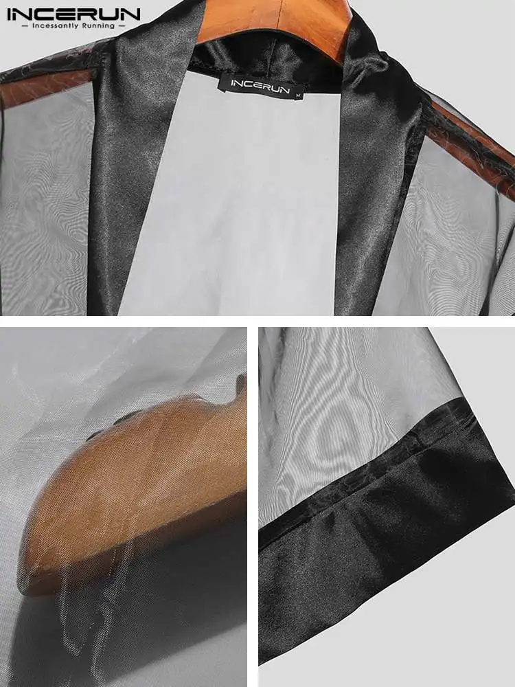 INCERUN Tops 2022 Sexy Leisure Style Men's Transparent Mesh Contrast Color Blouse Fashion Male Sleeve Thin Cardigan Shirts S-5XL
