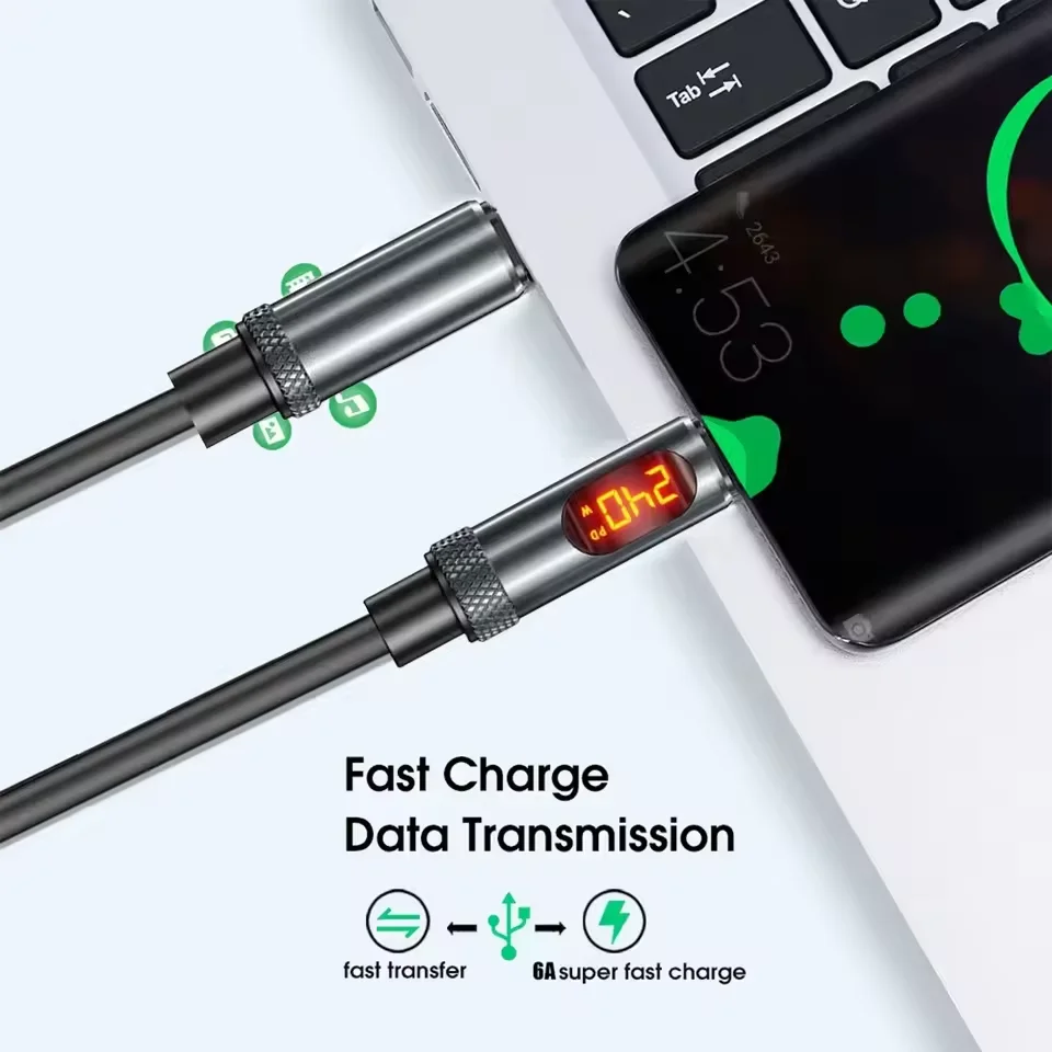 Фото USB C To Type C Светодиодный дисплей 240 Вт 6А Кабель для быстрой зарядки Двойной шнур для передачи данных Type-C Кабели Lightning 27 Вт для iPhone Samsung Xiaomi 2M №5