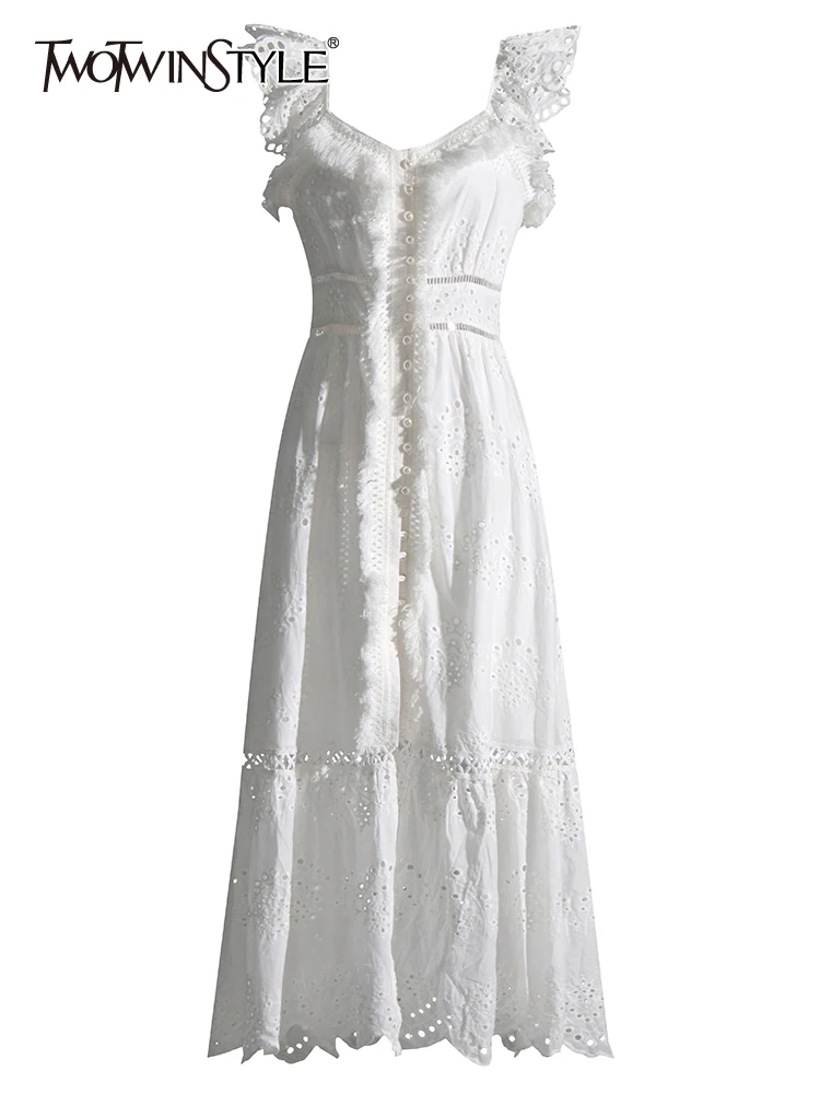 

Женское ажурное платье TWOTWINSTYLE, белое однотонное платье составного кроя без рукавов, с квадратным вырезом и жемчугом на лето 2023