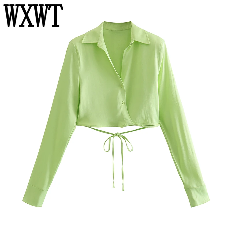 

WXWT Women Fluorescent Green Cropped Shirt Turn-down Collar Long Sleeve Blouse Female Lace-up Tops CD8376