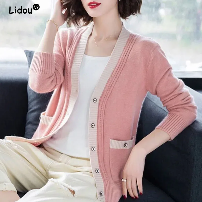 

Autumn Winter V-neck Single Breasted Pockets Cardigan Sweaters for Women 2022 New T Oversized Women's Clothing Coa Korean Top