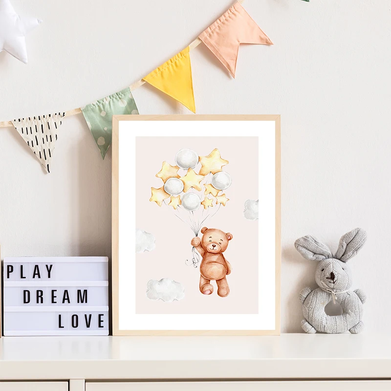 Милый мультяшный медведь кролик на Луне звезды фотопечать холсте Настенная