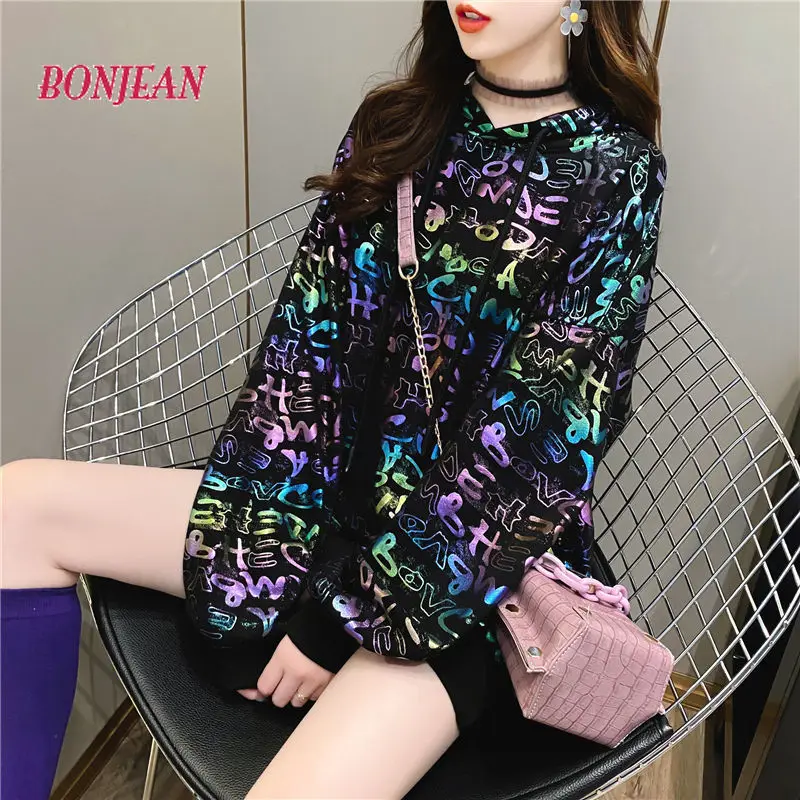 

Женский блестящий топ свободного покроя, тонкая толстовка с капюшоном в Корейском стиле, осень 2021