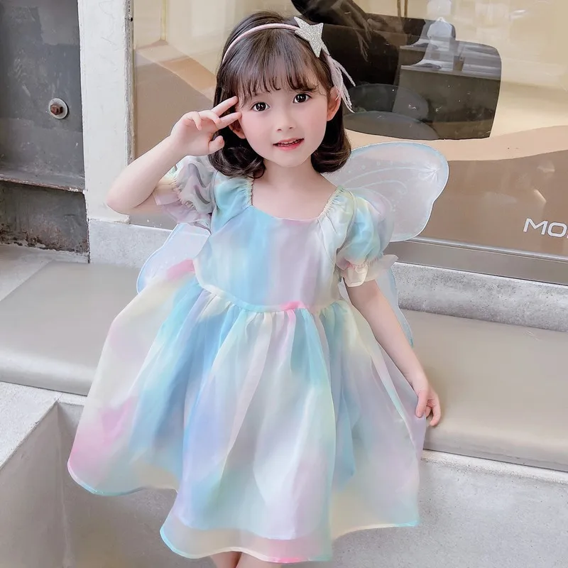 

Красочное платье принцессы для девочек, летние повседневные платья, детские платья с бабочкой на спине, одежда из сетчатой ткани, детская одежда