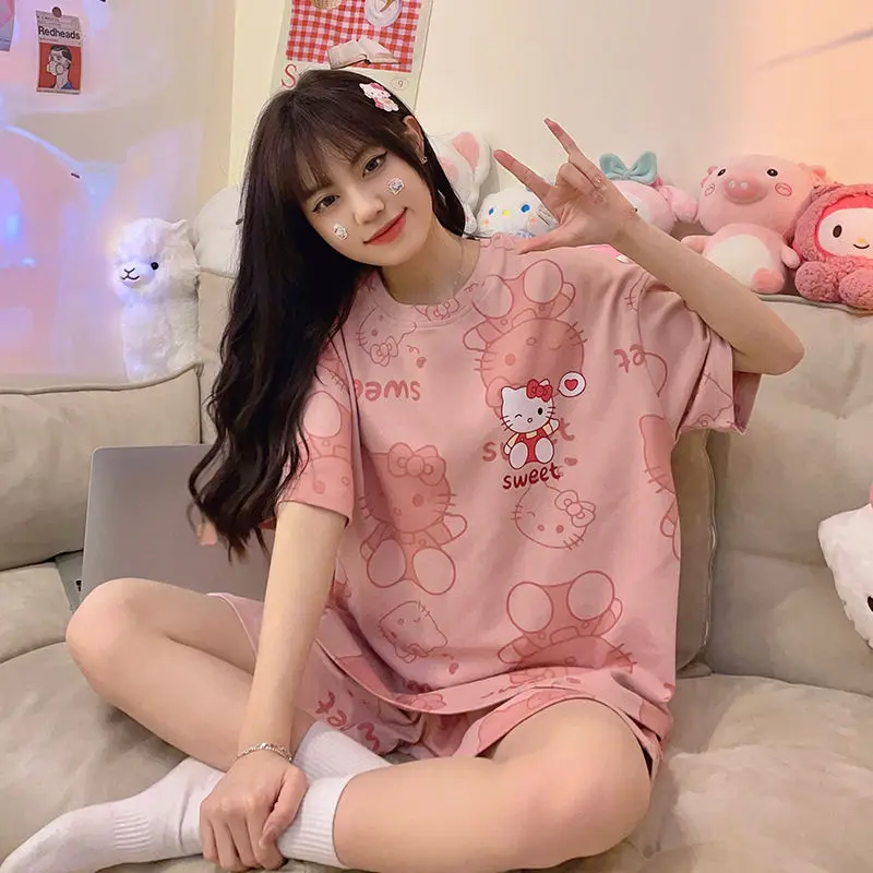 

Kawaii Sanrio Pyjamas Hello Kitty Summer Anime Girls' Thin Loungewear Round Neck Short Sleeves and Shorts Two-Piece Set Gift