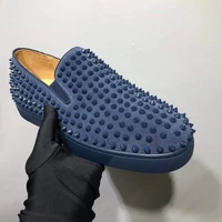 low top dark blue suede leather red bottom shoes for men luxury spikes loafers summer slip on flats casual shoes man sneakers