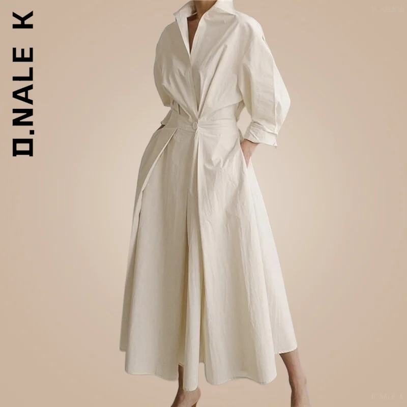 

D.Nale K Elegant Lapel Neck Long Sleeve Streetwear Women Sundress Fashion Solid Long Shirt Dress Vestidos Robe Femme