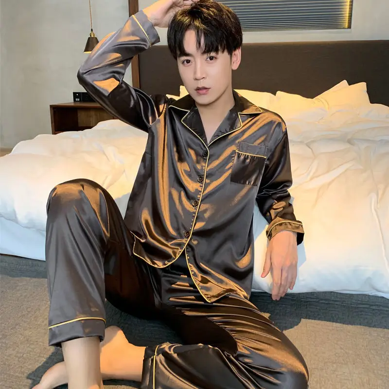 Silk Men Pyjamas Set Long sleeves Casual Home Wear Suits Spring Autumn Satin Boy Pajama Sets Leisure Shorts Male Sleepwear Set