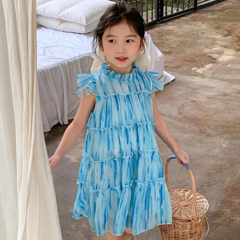 

Girls Layered Dress 2023 Summer Trendy Kids Sleeveless Blue Abstract Princess Beach Dresses 3-7 Years Vestidos Children Clothes