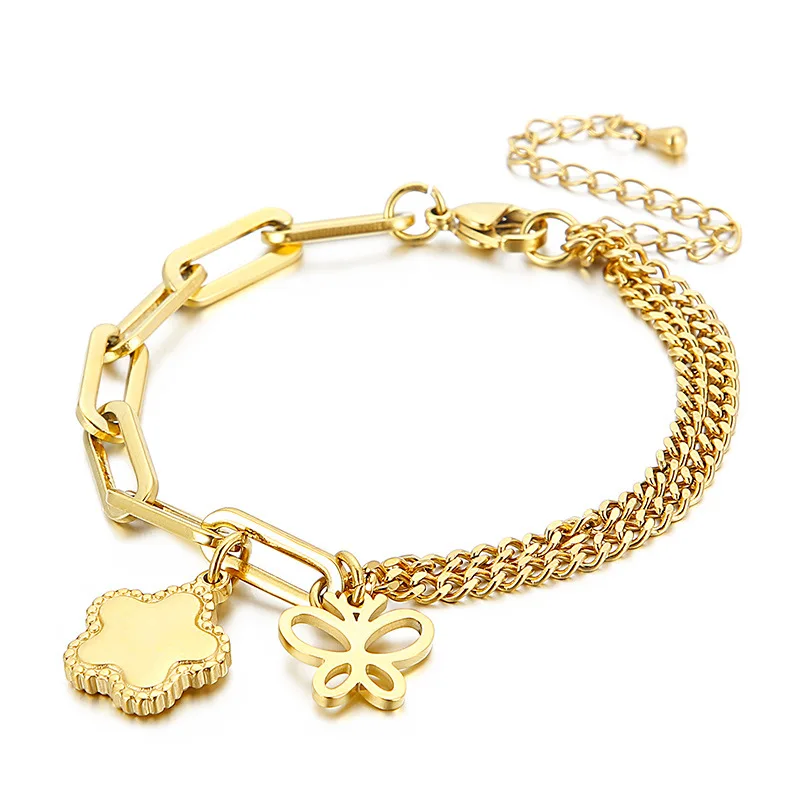 

CARLIDANA Fashion Gold Color Stainless Steel Chunky Chain Bracelet for Women Clover Butterfly Charm Bracelet Non Tarnish Jewelry